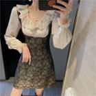 Long-sleeve Lace Collar Blouse / Mini A-line Jacquard Suspender Skirt