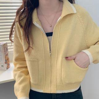 Long-sleeve Contrast Trim Zip Knit Jacket