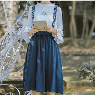 Embroidered Strap Midi A-line Suspender Skirt/ 3/4-sleeve Top