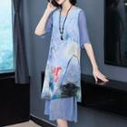 Traditional Chinese Elbow-sleeve Layered Printed Shift Dress
