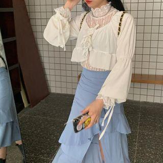 Lace-up Top / Mock-neck Lace Top / Denim Skirt