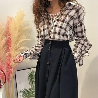 Lace-up Frilled Plaid Shirt