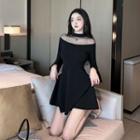 Mock-neck Plain Mesh A-line Mini Dress
