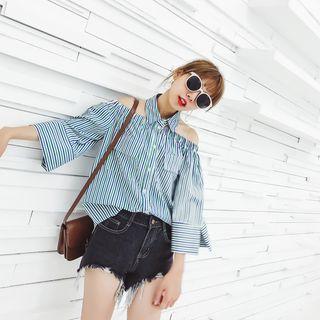 Open Shoulder Pinstripe 3/4-sleeve Blouse