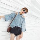 Open Shoulder Pinstripe 3/4-sleeve Blouse