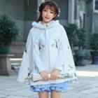 Floral Embroidered Furry Hood Cape / Long-sleeve Top / A-line Skirt / Set