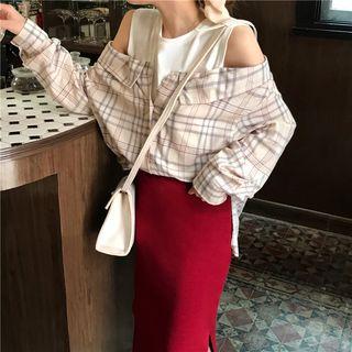 Mock Two-piece Long-sleeve Plaid Shirt As Shown In Figure - One Size