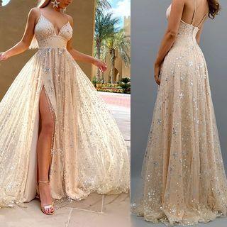 Spaghetti-strap Star Print A-line Evening Gown