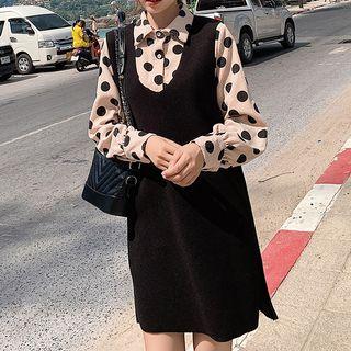 Set: Long-sleeve Dotted Corduroy Blouse + Mini Pinafore Dress