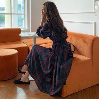 Plus Size Tie-side Shirred Maxi Plaid Dress