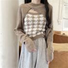 Set: Knitted Houndstooth Camisole+plain Cardigan