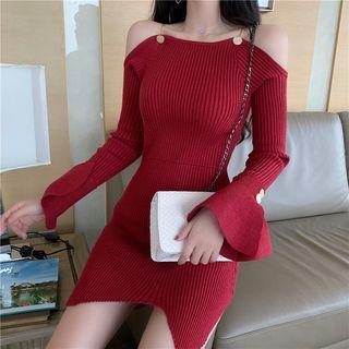 Cold-shoulder Bell-sleeve Mini Knit Dress
