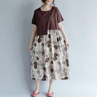 Short-sleeve Dotted Panel Midi Dress Coffee - One Size