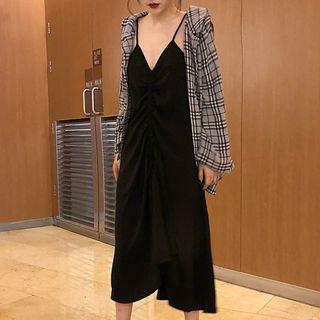Plaid Shirt / Spaghetti Strap A-line Midi Dress
