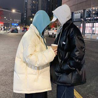 Mock Two-piece Faux Leather Hooded Padded Zip Jacket