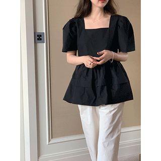 Square-neck Puff-sleeve A-line Blouse