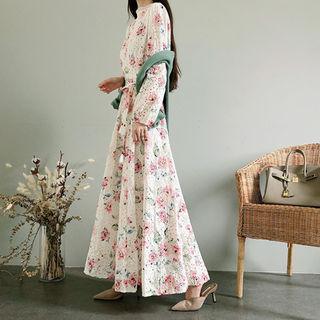 Mock-neck Floral Print Perforated Dress With Sash Ivory - One Size