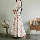 Mock-neck Floral Print Perforated Dress With Sash Ivory - One Size