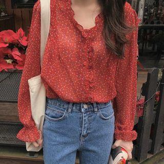 Long-sleeve Floral Print Blouse Red - One Size