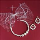 Wedding Faux Pearl Headband / Dangle Earring / Mesh Bow / Set