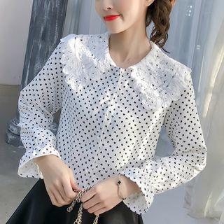 Crochet Lace Panel Heart Print Shirt