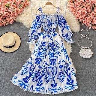 Tassel Off-shoulder Smocked Print Maxi Dress