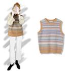 Striped Knit Vest Light Blue & White & Khaki - One Size