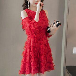 Long-sleeve Cold-shoulder Fringe A-line Cocktail Dress