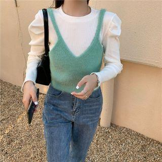 Puff-sleeve T-shirt / Knit Cropped Camisole Top