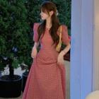 Ribbon-back Puff-sleeve Floral Midi Dress