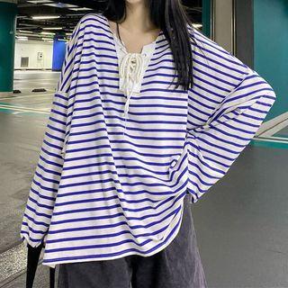 Long Sleeve Striped Lace-up Oversized Top