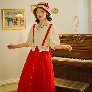 Flower Embroidered Puff-sleeve Blouse / Plaid Midi Suspender Skirt