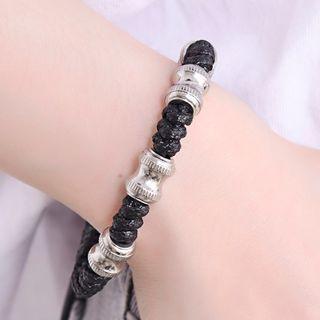 Stainless Steel Woven Leather Bracelet Black - One Size
