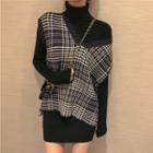 Turtleneck Long-sleeve Knit Dress / Plaid Knit Vest