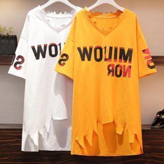 Distressed Lettering Elbow-sleeve T-shirt Dress
