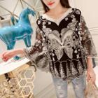 Embroidered 3/4-sleeve Top Black - One Size