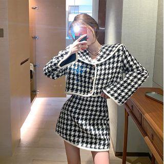 Collared Houndstooth Cardigan / A-line Skirt