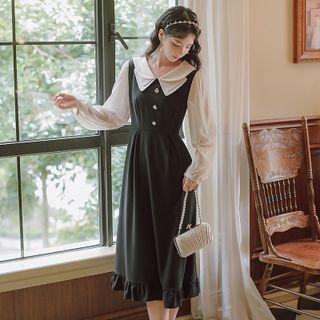Long-sleeve Sailor Collar Bow-front Midi A-line Dress