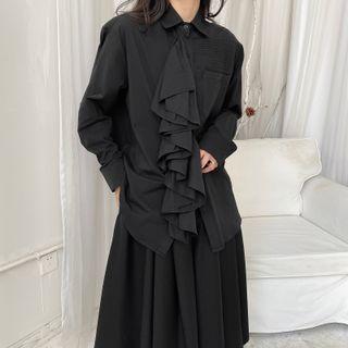 Long-sleeve Plain Irregular Ruffle Shirt