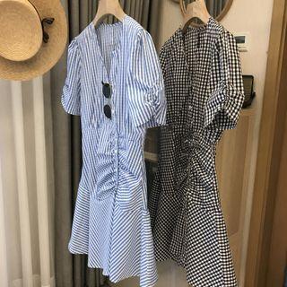 Short-sleeve V-neck Plaid Dress / Short-sleeve V-neck Pinstripe Dress