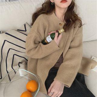 Dual-button Open-front Knit Cardigan Khaki - One Size