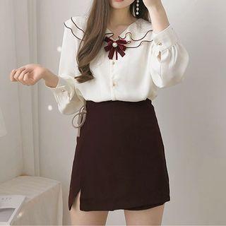 Bow Layered Collar Blouse / Mini A-line Skirt