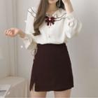 Bow Layered Collar Blouse / Mini A-line Skirt