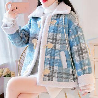 Long-sleeve Plaid Panel Faux Fleece Cardigan