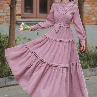 Long-sleeve Plain Tie-waist Layer Maxi Dress
