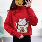 Turtleneck Cat Applique Sweater