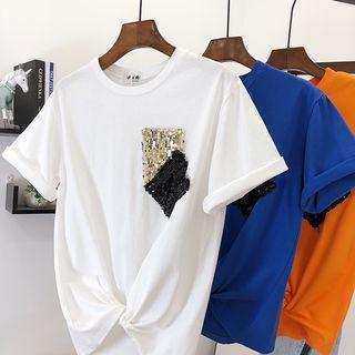 Short-sleeve Sequined Paneled T-shirt Blue - One Size