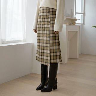 Buttoned Long Plaid Wrap Skirt