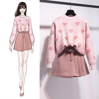 Heart Pattern Sweater / High Waist A-line Skirt / Set