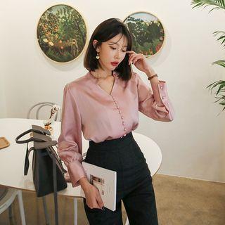 Button-and-loop Satin Blouse With Tie